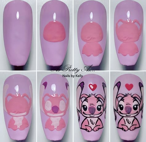 How To Draw Nail Art Step By Step, Drawing On Nails Step By Step, Disney Valentines Nails Designs, Stitch Nails Step By Step, Stitch Angel Nails, Nails Step By Step Design, Nail Art Designs Step By Step, Stitch Nail Art Tutorial, Stitch And Angel Nails