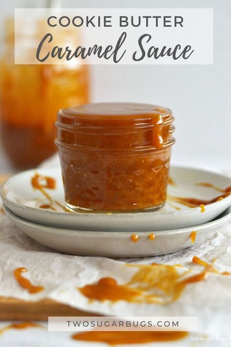 This is an easy homemade COOKIE BUTTER caramel sauce!  A perfect topping for ice cream, brownies, and all kinds of desserts!  If you love that biscoff and speculoos flavor and are looking for other ways to use it, this recipe is for you!  #homemadecaramelsauce #cookiebutter #biscoff #speculoos #easycaramelsauce #caramelrecipe Biscoff Coffee Syrup, Flavored Caramel Sauce, Cookie Butter Sauce, Cookie Butter Drizzle, Biscoff Sauce Recipe, Homemade Cookie Butter Recipes, Cookie Butter Coffee Syrup, Cookie Butter Syrup, Cookie Dipping Sauce