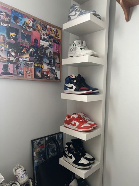 Converse Shoe Shelf, Shoes On Floating Shelves, Jordans Shelf, Closet Shoe Display, Shoes Shelf Design, Shoe Display Shelf, Ikea Shoe Shelf, Jordan Shelf, Shoe Display Ideas Bedroom