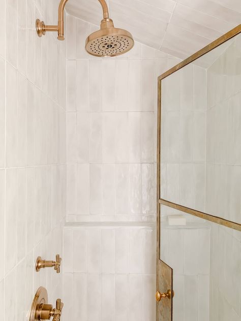 Bathroom Ideas Small Modern Walk In Shower Design, White Tile Small Bathroom, White Vertical Subway Tile Bathroom, Off White Bathroom Tile, White Marble Shower Tile, Vertical Subway Tile Bathroom, Small Bathroom Tile, Corner Shower Seat, White Shower Tile