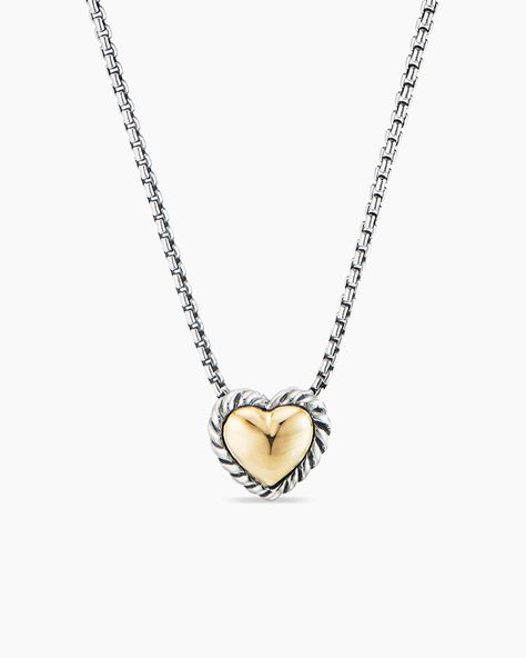 David Yurman | Cable Collectibles® Cookie Classic Heart Necklace in Sterling Silver with 18K Yellow Gold, 8.5mm David Yurman Necklace, David Yurman Jewelry, Yellow Gold Jewelry, Silver Heart Necklace, Dream Jewelry, High Jewelry, David Yurman, How To Make Ornaments, Silver Heart