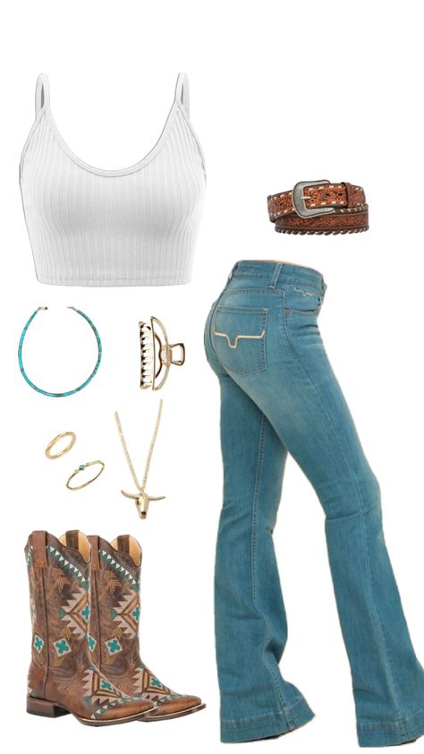 Jeans Outfit Polyvore, Crop Top And Jeans Outfit, Top And Jeans Outfit, Cowgirl Fits, Vaquera Fits, Crop Top And Jeans, Yellowstone Outfits, Takuache Girl Outfits, Vaquera Outfits