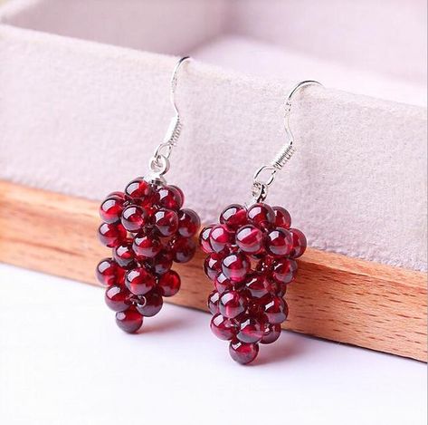 Grape Earrings, Fruit Jewelry, Garnet Earrings, Stacked Jewelry, Handmade Jewelry Diy, Victorian Jewelry, Ear Hook, Drop Earring, 925 Sterling Silver Earrings