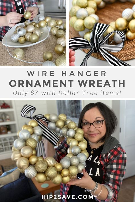 Christmas Wreaths Using Wire Form, Wire Hanger Christmas Wreath, Hanger Wreath Diy Christmas, Wire Hanger Wreaths, Diy Wreath Form, Christmas Ornament Wreath Diy, Ornament Wreath Hanger, How To Make A Wreath, Cardboard Wreath Form