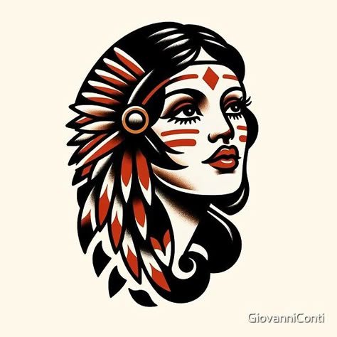 Native American Tattoo Flash, American Trad Tattoo, Leg Piece Tattoo, Red Indian Tattoo, Traditional Tattoo Pin Up, Jack Skellington Tattoo, Traditional Girl, Pin Up Girl Tattoo, Traditional Tattoo Inspiration