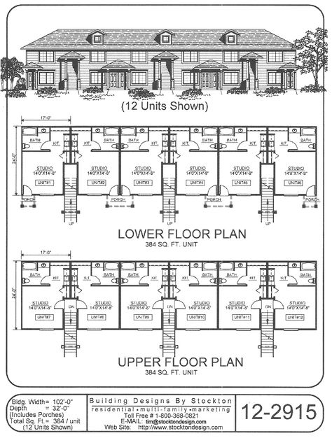 Building Designs by Stockton: Plan # 12-2915 Multifamily House Plans, Small Apartment Complex Plans, 1000 Sq Ft House Plans, Multifamily House, Small Apartment Complex, Small Apartment Building Design, Hotel Room Design Plan, Building Design Plan, Small Apartment Building