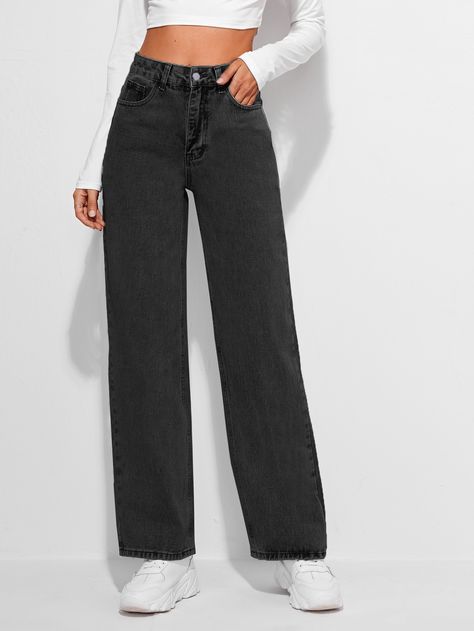 Black    Denim Plain Straight Leg Embellished Non-Stretch  Women Denim Straight Leg Black Pant, Black Denim Jeans Straight, Straight Fit Jeans Black, Cute Straight Leg Jeans, Black Strait Leg Jeans Outfit, Tops That Go With Black Jeans, Black Straight Fit Jeans Outfit, How To Style Black Straight Leg Jeans, Women’s Black Jeans