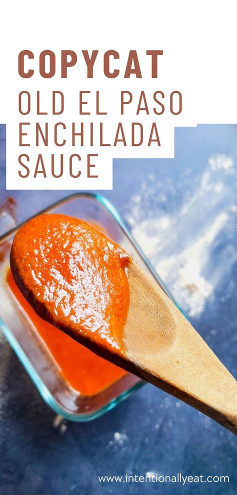 red enchilada sauce on a wooden spoon hovering over a glass bowl full of sauce Old El Paso Red Enchilada Sauce Recipe, Home Canned Enchilada Sauce, Copycat Old El Paso Enchilada Sauce, Old El Paso Recipes, Old El Paso Enchilada Sauce Recipe, Mild Hot Sauce Recipe, Diy Enchilada Sauce, Homemade Enchilada Sauce Easy, Home Made Enchilada Sauce