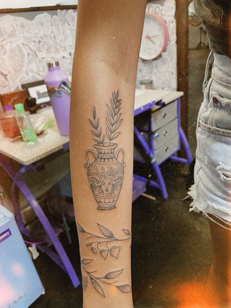 Medusa Vase Tattoo, Grecian Urn Tattoo, Vase Tatoos, Antique Vase Tattoo, Roman Vase Tattoo, Greek Pottery Tattoo, Small Vase Tattoo, Medusa Small Tattoo, Subtle Medusa Tattoo