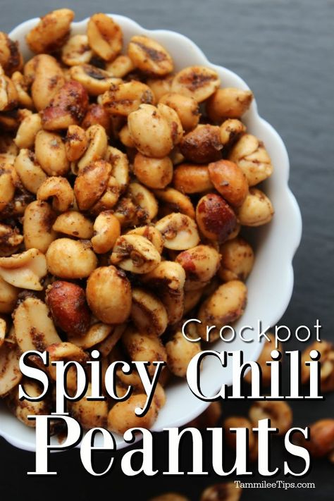 How to make Crockpot Spicy Chili Peanuts! This easy slow cooker nut recipe makes a great easy snack for the week. Spiced Nuts Recipe Crock Pot, Crockpot Nuts Recipes, Spicy Crock Pot Chili, Spicy Peanuts Recipe, Spicy Crockpot Chili, Spiced Nuts Recipe, Crock Pot Chili, Cashew Recipes, Spicy Almonds