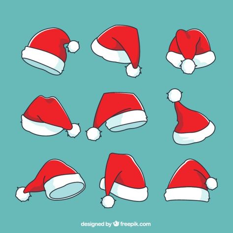 Set of hand drawn santa claus hat Free Vector Santa Hat Doodle, Winter Doodles, Gay Christmas, How To Draw Santa, Christmas Trimmings, Chalkboard Drawings, Christmas Decals, Christmas Doodles, Santa Claus Hat