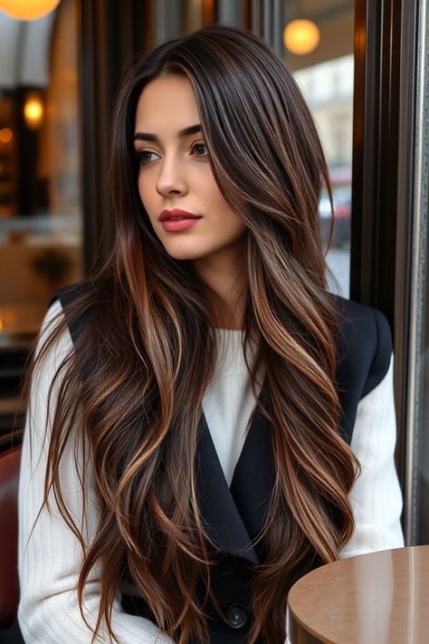 Mocha Brown Long Waves, Gorgeous Hair Colours for the Fall Season, autumn hair colour, fall hair color Mocha Brown Hair With Highlights, Mocha Brown Highlights, Deep Autumn Hair Color, Mocha Hair Color, Subtle Caramel Highlights, Mocha Brown Hair, Mocha Color Hair, Warm Hair Color, Mocha Hair