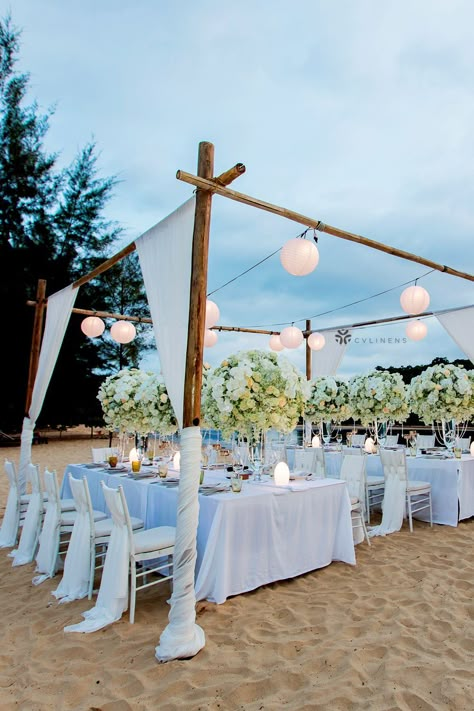 Elegant outdoor wedding reception on the beach with elegant wedding square canopy set up, wedding chair decorations, reception table decorations, and tall flower centerpieces. Beach wedding ideas for wedding ceremony and wedding ceremony. #beachwedding #beachweddingideas #beachweddingdecorations #beachweddingdecorationsreception #beachweddingdecorationsonabudget Outdoor Beach Wedding Reception, Outdoor Beach Wedding, Wedding Setup, Wedding Reception Party, Dream Beach Wedding, Beach Wedding Reception, Beautiful Outdoor Wedding, Ocean Wedding, White Color Palette