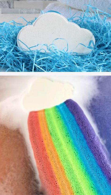 This bath bomb shoots rainbows into your tub and OMG Rainbow Bath Bomb, Bath Boms, Diy Hanging Shelves, Lush Bath, Bath Bomb Recipes, Rose Extract, Closet Organization Diy, Mason Jar Crafts Diy, Cell Regeneration