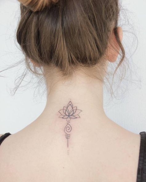 Fine Line Tattoo Unalome, One Line Lotus Tattoo, Lotus Unalome Tattoo, Lotus With Unalome, Unalome Lotus And Moon Tattoo, Unalome Lotus Fine Line Tattoo, Lotus Unalome, Unalome Tattoo, Little Tattoos