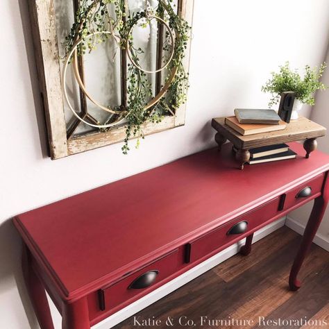 "Can't seem to stay away from this red! It sure is a favorite around here! This piece is very special to my client. Her grandmother recently passed and this was one of the things she received from her. Hope she loves it! General Finishes Holiday Red."- Katie & Co. Furniture Restorations Red Buffet Table, Red Console Table Entryway, Distressed Furniture Red, Barn Red Chalk Paint Furniture, Small Red Vintage Rustic Table, Red Table, General Finishes, Holiday Red, Plywood Furniture