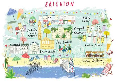 Clare Rossiter, Brighton Map Brighton Illustration, Brighton Map, Illustrated Maps, London Brighton, Travel England, Brighton England, Bar Party, Brighton And Hove, Travel Illustration