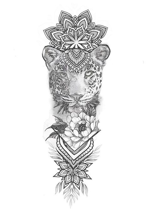 Mandala With Animal Tattoo, Mandala Animal Tattoo, Animal Mandala Tattoo, Cheetah Tattoo, Henna Tattoo Stencils, Arm Sleeve Tattoos For Women, Tier Tattoo, Full Sleeve Tattoo Design, Mommy Tattoos