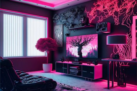 Cyberpunk Styled Living Room Designs Futuristic Living Room Ideas, Cyberpunk Room Decor, Cyberpunk Living Room, Cyberpunk Interior Design, Futuristic Living Room, Cyberpunk Interior, Cyberpunk Room, Styled Living Room, City Living Room