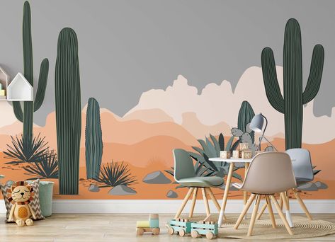 Desert Agave and Saguaro Cacti Mountains Background Wallpaper - Etsy Desert Nursery Theme, Desert Elements, Desert Mural, Desert Nursery, Mountains Background, Desert Wallpaper, Kids Room Murals, Bedroom Murals, Wall Murals Painted