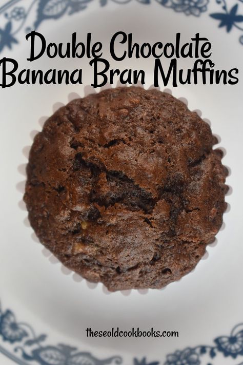 Double Chocolate Banana Bran Muffins - These Old Cookbooks Banana Bran Bread Recipe, All Bran Banana Muffins, Chocolate Bran Muffins, Banana Bran Bread, Bran Recipe, Fiber Muffins, Wheat Bran Muffins, All Bran Muffins, Bran Muffins Healthy