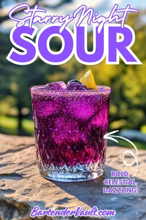 Looking for pretty cocktails with bold flavors and a dazzling presentation for your next cocktail party? The Starry Night Sour is a deep purple masterpiece with a sparkling finish, and it’s just one of many stunning pretty alcoholic drinks featured in our collection of inspiring cocktail recipes to elevate your alcoholic drinks aesthetic. Save this pin now to add a touch of celestial beauty and unforgettable flavor to your party lineup! Must Try Alcoholic Drinks, Road Trip Alcohol Drinks, Fun Themed Alcohol Drinks, Purple Mixed Drinks, Recipes For Alcoholic Drinks, Alcoholic Drink Recipes That Dont Taste Like Alcohol, Drinks With Sour Mix Cocktail Recipes, Space Cocktails Drinks, Space Themed Alcoholic Drinks