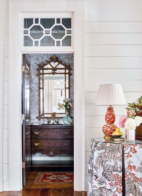 A custom transom recalls the relaxed elegance of caning in a shiplap-clad historic home in Oak Bowery, Alabama. Interior design by James Farmer. Photo by Emily Followill James Farmer Interiors, Door Transom, James Farmer, Chippendale Chairs, Young Family, Ship Lap Walls, Breath Of Fresh Air, Historic Home, Hand In Hand