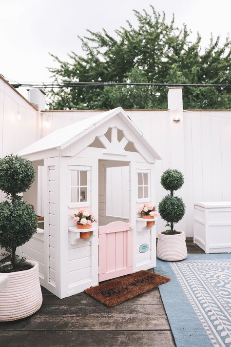 Backyard Discovery Playhouse, Backyard Discovery Playhouse Makeover, Wood Playhouse Makeover, Playhouse Accessories Outdoor, Cubby Makeover, Pink Playhouse, Outdoor Playhouse Ideas, Playhouse Diy, Playhouse Accessories