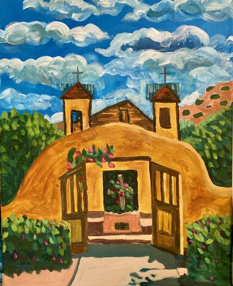 New Mexico Drawing, New Mexico Art Paintings, New Mexico Painting Ideas, Mexico Landscape Painting, Southwest Art Paintings Santa Fe, Mexico Oil Painting, Mexico Painting, New Mexico Art, Pink Motel