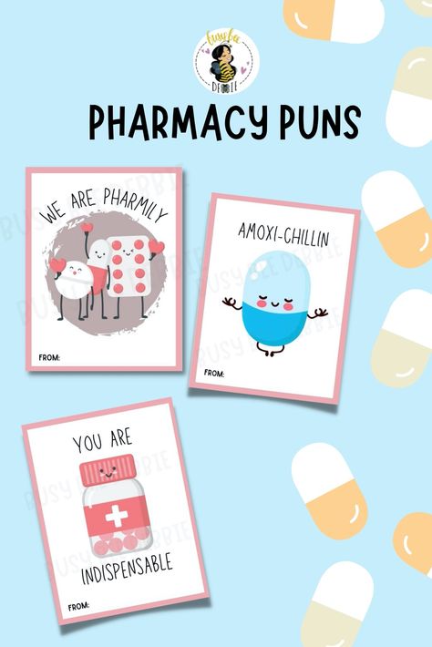 Looking for a fun way to show appreciation to your pharmacy staff? Check out our Pharmacy Pun cards! These printable downloads can be used as cards or gift tags during Pharmacy Week or Staff Appreciation Day. Spread joy and laughter with clever puns and colorful designs. 

 #PharmacyPuns #PharmacyWeek #StaffAppreciationDay #PharmacyCards #GiftTags #Printables #PunnyCards #PunnyGiftTags #ThankYou #Appreciation Pharmacy Event Idea, Pharmacy Week Themes, Pharmacy Tech Gifts Diy, Pharmacy Tech Appreciation Day, Pharmacy Day Ideas, Pharmacy Week Decorations, Pharmacy Week Gifts, Pharmacy Week Activities, Pharmacy Appreciation Week Ideas