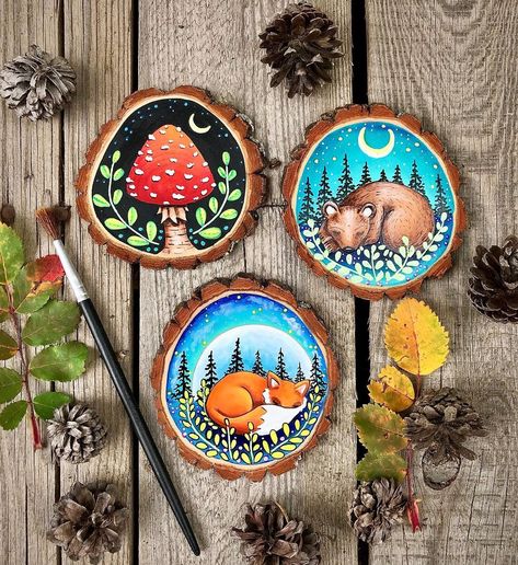 Jennifer | Check out these little beauties. They were so fun to create combining wood burning and watercolors. They will be added soon to my website… | Instagram Wood Slice Art Decor, Painted Wood Slices, Nature Inspired Painting, Acorn Painting, Diy Seasonal Decor, Themed Ornaments, Mushroom Paint, Circle Painting, Wood Slice Art