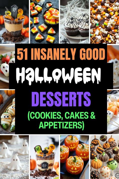 Try these totally easy Halloween desserts for parties, for your kids or for yourself. These are Halloween cookies, Halloween cakes, Halloween brownies and Halloween appetizers and more! Halloween Appetizers And Desserts, Easy Diy Halloween Desserts, Halloween Pastries Ideas, Creative Halloween Dessert Ideas, Halloween Confections, Halloween Party Food Ideas Desserts, Fast Halloween Desserts, Desserts For Halloween Party, Spooky Dessert Ideas