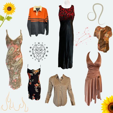 What to wear this Leo Season. Vibrant and luxurious looks, creative styling, eye-catching patterns, bold statement making looks. Gold, metallics, muted browns, orange, red, purple. Firely body hugging dresses and statement accessories. #leoseaon #fashionideas #leostyle Leo Aesthetic Outfit, Leo Aesthetic, Thrift With Me, Creative Styling, Body Hugging Dress, Leo Season, Fabric Waste, Statement Accessories, Style Challenge