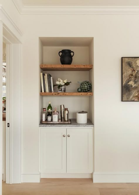 Rustic Mini Bar Off of Kitchen Small Wine Bar Ideas Home Kitchen, Built In Bar Nook Wall Shelves, Alcove Ideas Kitchen, Table Bar Ideas, Hallway Closet Doors, Alcove Bar, Small Home Bar Ideas, Bar Closet, Small Bars For Home