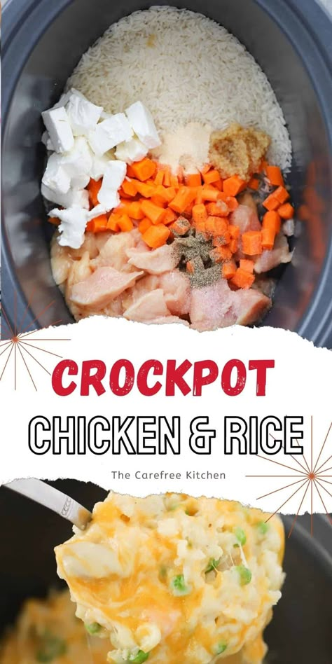 Crockpot Chicken And Rice Soup Easy, Crockpot Chicken And Jasmine Rice, Chicken Rice Corn Crockpot, Chicken Rice Carrots Crockpot, Rice Chicken Crockpot Recipes, Crockpot Chicken And Instant Rice, Chicken And Rice Casserole Recipes Crockpot, Easy Crockpot Meals Dump And Go, Chicken And Minute Rice Crockpot