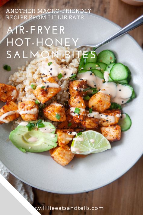 Air Fryer Salmon Tacos, Macro Salmon Recipes, East Air Fryer Recipes, Air Fried Salmon Bites, Recipes With Hot Honey, Hot Honey Salmon Bites, Air Fryer Salmon Bites Honey, Salmon Bites Air Fryer, Air Fried Salmon Bites Recipe