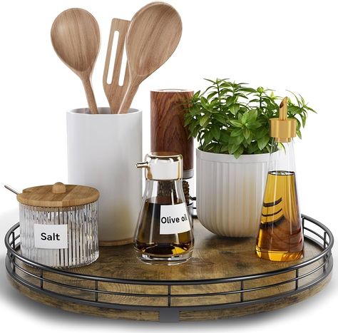 Amazon.com - HGF Farmhouse 10" Lazy Susan Turntable Organizer for Table Top, Round Wooden Lazy Susan for Cabinet Kitchen Decor Centerpieces Coffee Table, Storage Condiments Spices, Bathroom Vanity Tray for Soap Plants For Kitchen Cabinets, Centerpieces Coffee Table, Farmhouse Lazy Susan, Lazy Susan Spice Rack, Diy Kitchen Hacks, Wooden Lazy Susan, Lazy Susan Organization, Kitchen Countertop Organization, Bathroom Vanity Tray