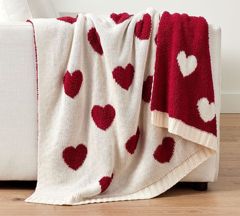 Heart Jacquard Knit Throw Blanket | Pottery Barn Valentine's Bedroom Decor, Christmas Blanket Gift, Valentine Table Decorations, Red Blanket, Heart Blanket, Funky Gifts, Valentine Decor, Knit Throw, Room Stuff