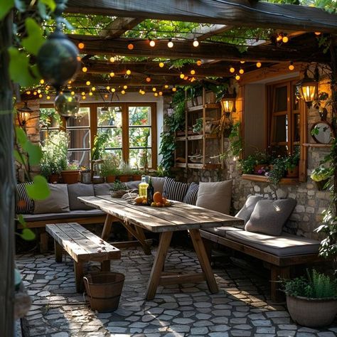 Farmhouse Terrace Ideas, Cozy Outdoor Living Space, Rustic Garden Cafe, Cozy Outdoor Spaces Patio, Shed Dining Room, Exterior Dining Area, Cottage Outdoor Seating, Garden Eating Spaces, Outdoor Dining Room Ideas