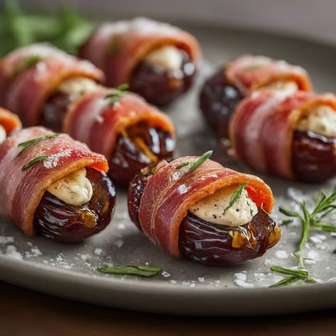 Bacon Wrapped Stuffed Dates is a tantalizing appetizer featuring sweet dates filled with creamy goat cheese, wrapped in savory bacon, and baked to crispy perfection. This irresistible combination of flavors and textures creates a mouthwatering treat that\'s perfect for any occasion, from casual gatherings to elegant dinner parties. Dates Stuffed With Goat Cheese, Bacon Wrapped Dates With Cream Cheese, Stuffed Dates Wrapped In Bacon, Bacon Wrapped Stuffed Dates, Stuffed Bacon Wrapped Dates, Date Stuffed, Bacon Wrapped Meatballs, Bacon Dates, Bacon Wrapped Cheese