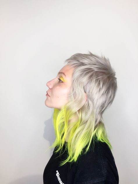 Vivid Mullet, Yellow Money Piece Hair, Yellow Mullet, Colour Blocking Hair, Dyed Mullet, Hair Mannequin, Haircut Inspo, Hair Mullet, Fantasy Hair