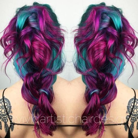 Magenta And Teal Hair Color Teal Hair Color, Magenta Hair Colors, Magenta Hair, Vivid Hair Color, Teal Hair, Neon Hair, Hair Color Crazy, Coloured Hair, Fun Hair