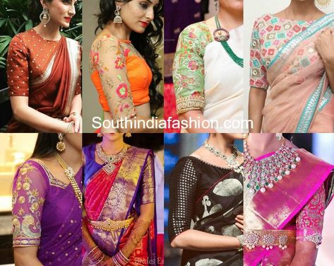 Here are some latest elbow length sleeves saree blouse designs that are trendy and stylish.. Latest Maggam Work Blouses, Blouse Designs Catalogue, Sari Design, Saree Blouse Neck Designs, Blouse Back Neck Designs, New Blouse Designs, Sari Blouse Designs, Silk Saree Blouse Designs, Maggam Work Blouse Designs