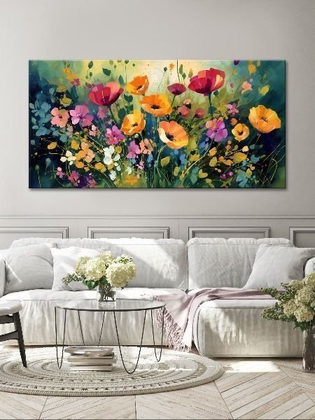 Meadow Painting, Horizontal Painting, Painting Orange, House Green, Green Painting, Watercolor Paintings Nature, Flowers Abstract, Flower Canvas Wall Art, Big Wall Art