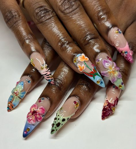 🪴🧚🏾‍♀️🌺🌻🪷✨ #nailart #flowernails #westlondonnails #westlondonnailtech #nailinspo Garden Acrylic Nails, Nail Charm Ideas, 2k Nails, Nails Moodboard, Nails Vibrant, Rasta Nails, Nail Vibes, 3d Nail Designs, Fashion Archive