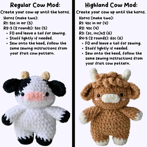 FREE MOD!✨🐮🤠 Hi hi! Here’s a quick free mod to create these cute “normal” cows! You will need one of my fruit cow patterns to create these which you can find on my Etsy or Ribblr shop😋 they will work with any fruit cow pattern, the only change is the horns (and colors but those are up to you)! I love the look of these cows😍💖 let me know if you have any questions & I can’t wait to see all your plushies!🐮💕 🏷️ #crochet #crochetpattern #crochetpattens #crochetcow #amigurumi #amigurumicow #amig... Crochet Cow Horns Free Pattern, Amigurumi Free Pattern Cow, Crochet Horns Free Pattern, How To Crochet A Cow, Cute Crochet Ideas Amigurumi, Crochet Patterns Cow, Stuffed Animal Patterns Crochet, Crochet Highland Cow Free Pattern, Free Quick Crochet Patterns