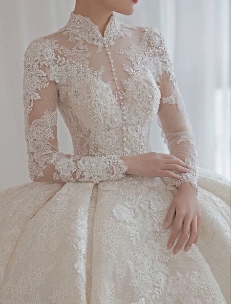 Detachable Bridal Skirt, Regal Wedding Dress Queens, Wedding Dress With Watteau Train, Ballgown Wedding Dress With Sleeves Cinderella, The Empress Wedding Dress, 17th Century Wedding Dress, Dantelle Dresses, High Neck Wedding Dress With Sleeves, Collared Wedding Dress