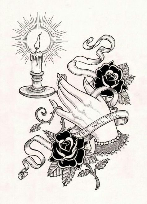 I like the banner and simplicity of the candle holder. Belly Tattoos For Women, Flash Art Tattoos, Mandala Skull, Arm Drawing, Tattoo Thigh, Candle Tattoo, Kunst Tattoos, Tattoo Henna, 4 Tattoo