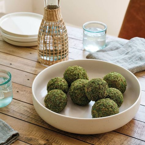 Green Moss Balls Decor, Decorative Balls For Bowls, Decor Balls In Bowl, What To Put In Decorative Bowl, Moss Balls Decor, Dark Moss Green, Decorative Bowl Filler, Family Room Remodel, Moss Ball