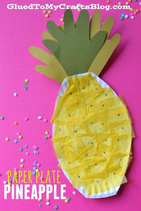 Simple summer craft: paper plate pineapple kids craft made with a paper plate, tissue paper, construction paper and glue! From Glued to My Crafts! Pineapple Craft, Fruit Crafts, Yellow Crafts, Nutrition Certification, Kid Craft, Daycare Crafts, Paper Plate Crafts, Plate Crafts, Classroom Crafts